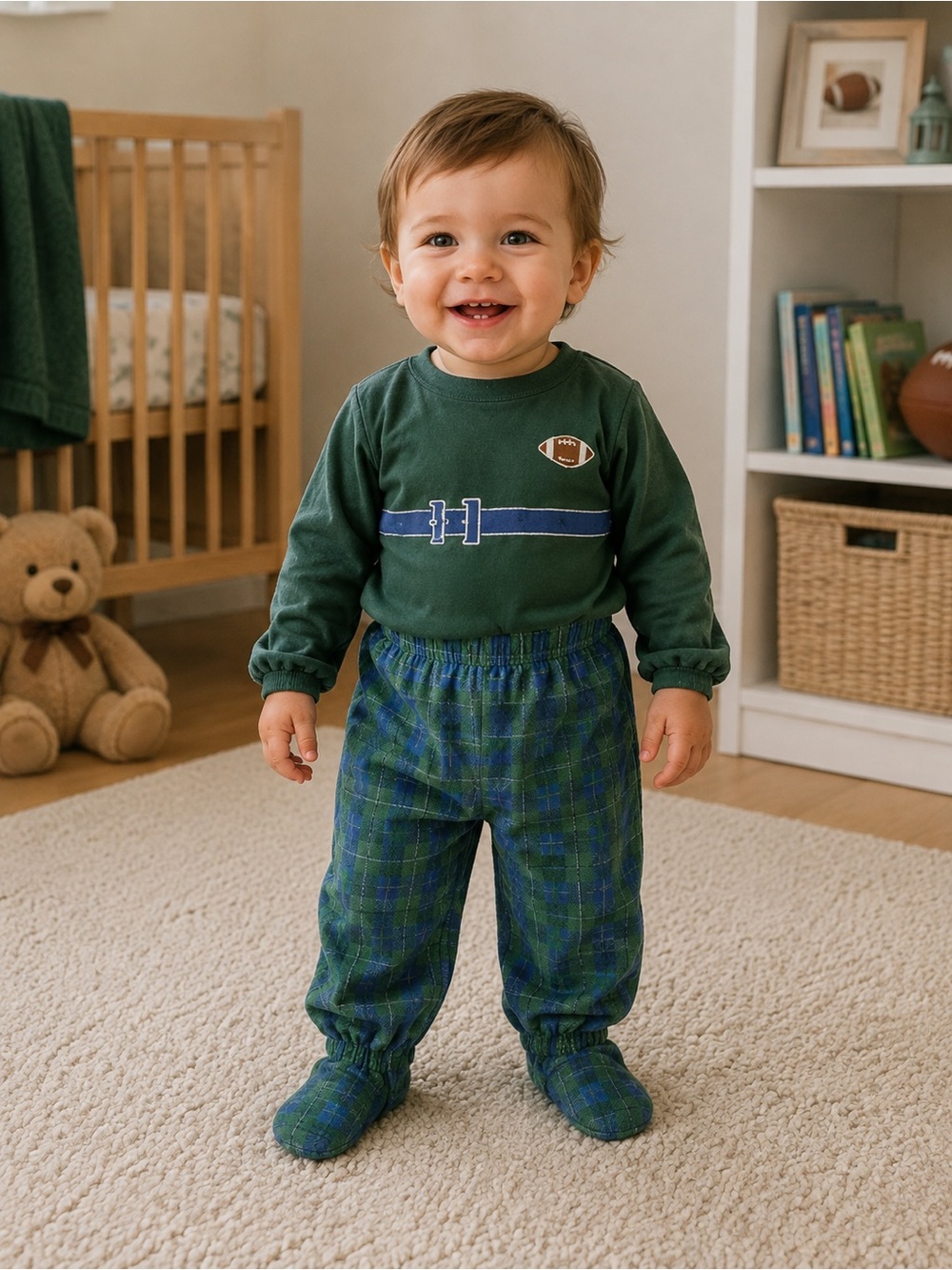 Carters kids Boy Vintage 18-24 Month plaid football 2pc Snap Footed Pj's